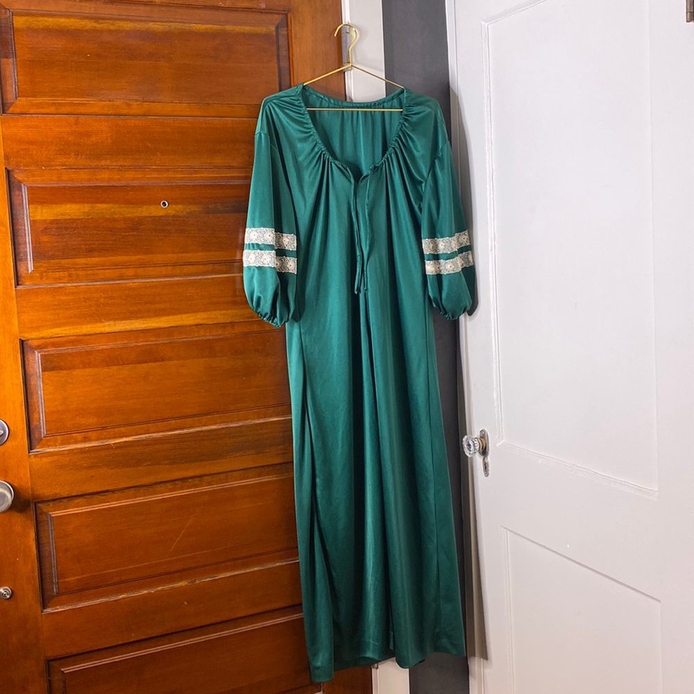 Vintage Emerald Green Lace Maxi Dress Nightgown Sz L